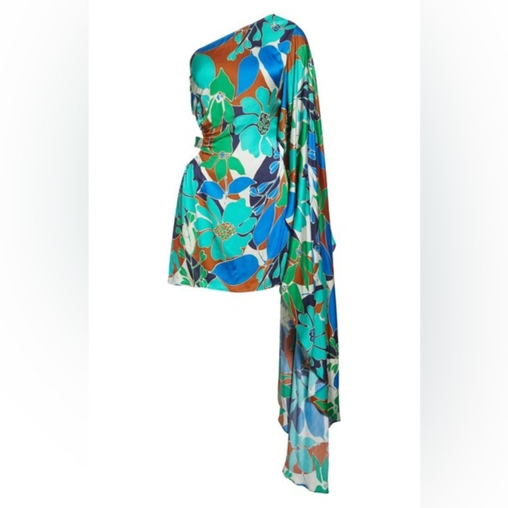 cult gaia One-Shoulder Floral Mini Dress in Green, Blue, Brown - Picture 5 of 5